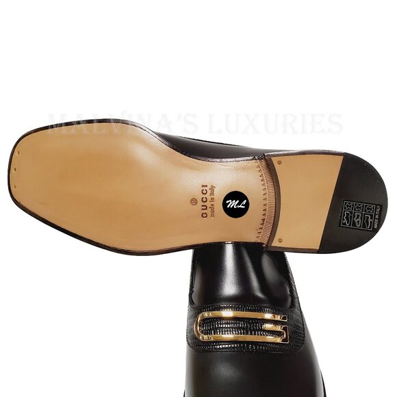 GUCCI SHOES MENS GEOMETRIC G LOGO BLACK LEATHER LOAFERS w LIZARD sz 10 10.5 - Picture 13 of 15